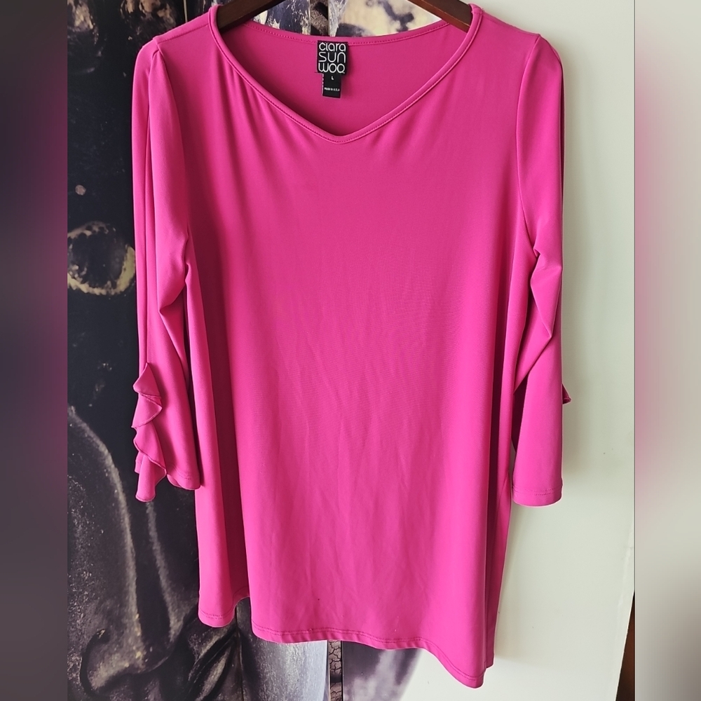 Clara Sun Woo Women's‎ Pink Scoop Neck Side Slit Ruffle Trim Sleeve Top Size L - Picture 3 of 9